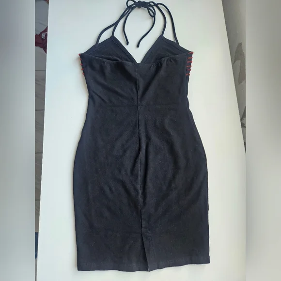 Hunza G Vintage Black With Crimson Beading Double Halter Strap Mini Dress - Picture 5 of 15